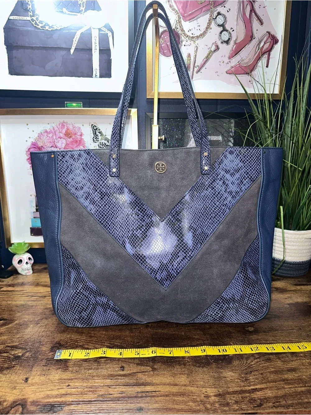 Tory Burch Chevron Color-Block Tote Blue Suede Pebbled Leather